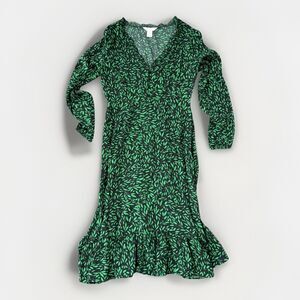 Apricot Green Black Floral Long Sleeve Dress Size 8 V-Neck